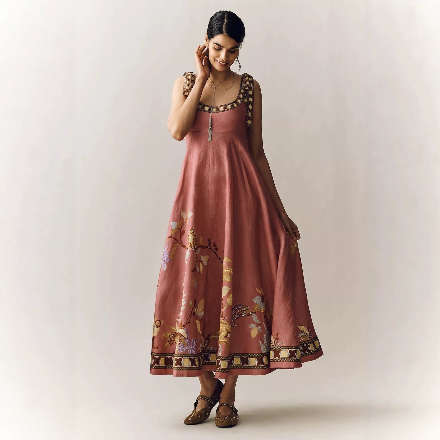 Positioning Printing Zipper Lace up Dress Pleated Pocket Dress