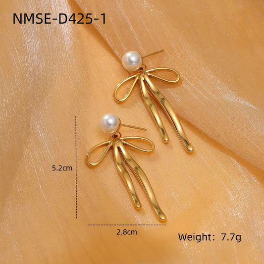 Fashionable Simple Pearl Bow Titanium Steel Earrings for Women Special Interest Design High Grade Stainless Steel Studs Earrings