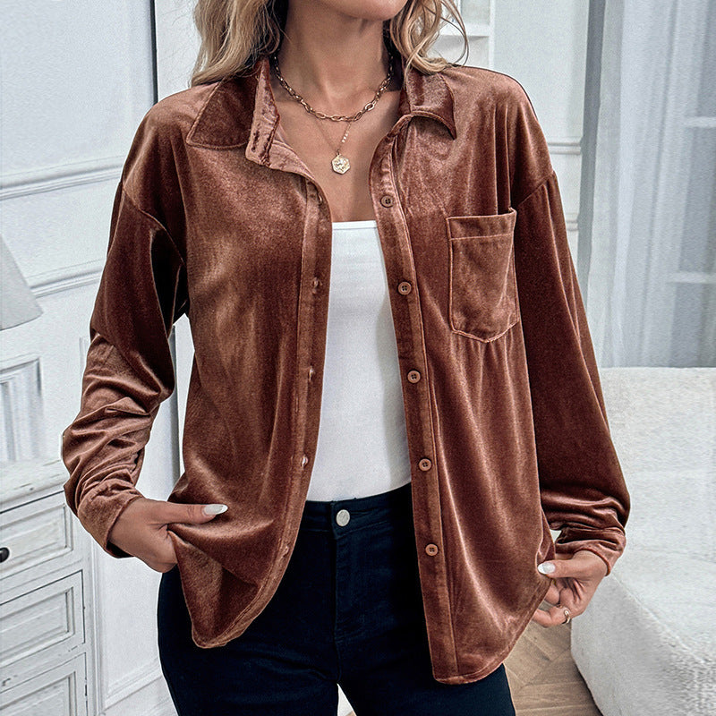 Collared Shirt Autumn Winter Long Sleeve Velvet Cardigan Top