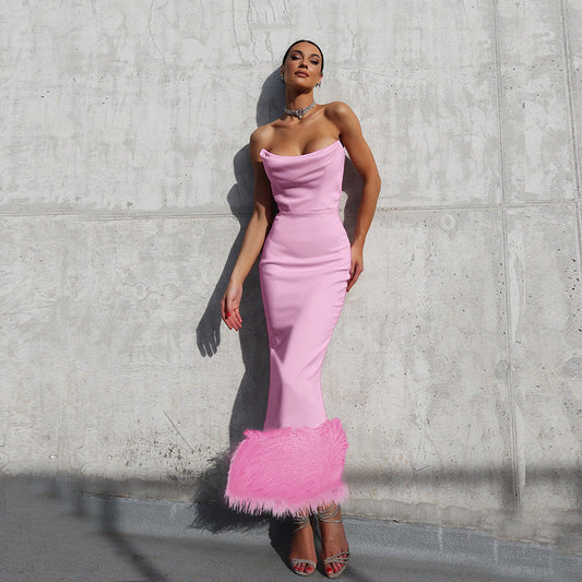 Autumn Solid Color Stitching Sexy Slim Tube Top Furry Party Sling Dress