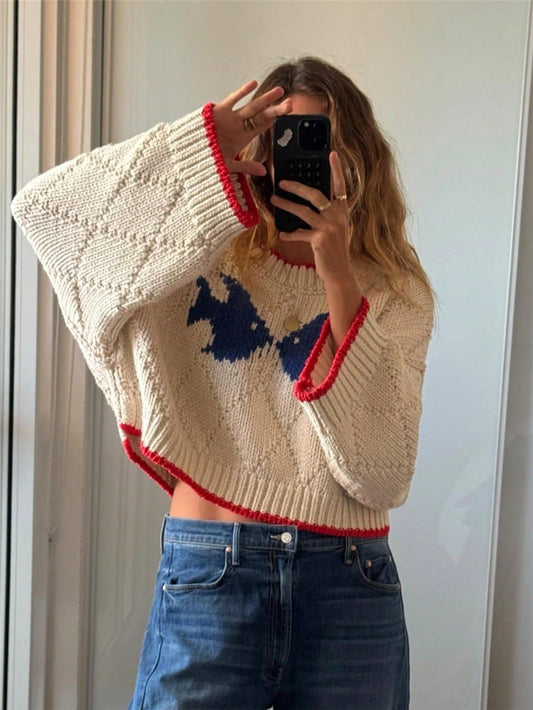 Autumn Winter Retro Contrast Color Jacquard Design Knitted Loose Casual Sweater