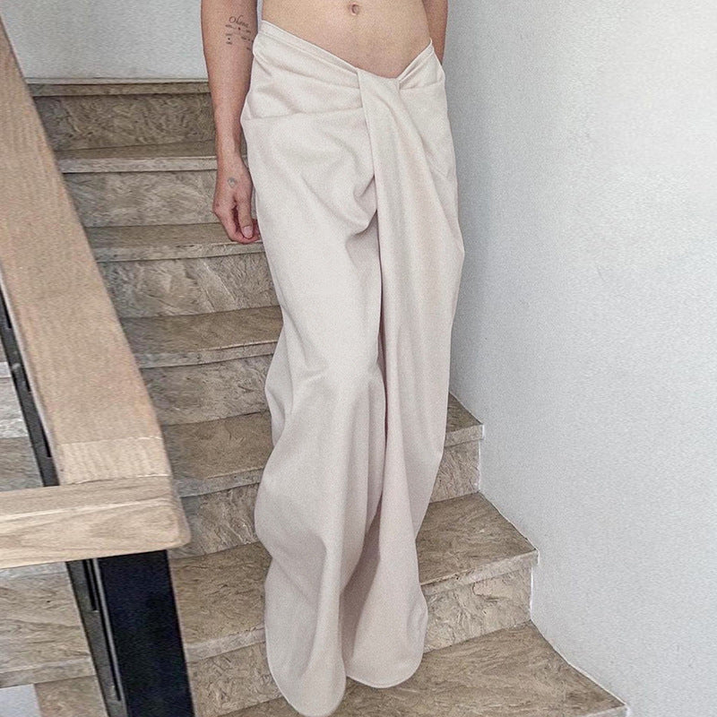 Personality Irregular Asymmetric Twist Pleated Design Low Waist Sexy Solid Color Loose Casual Trousers Autumn Winter