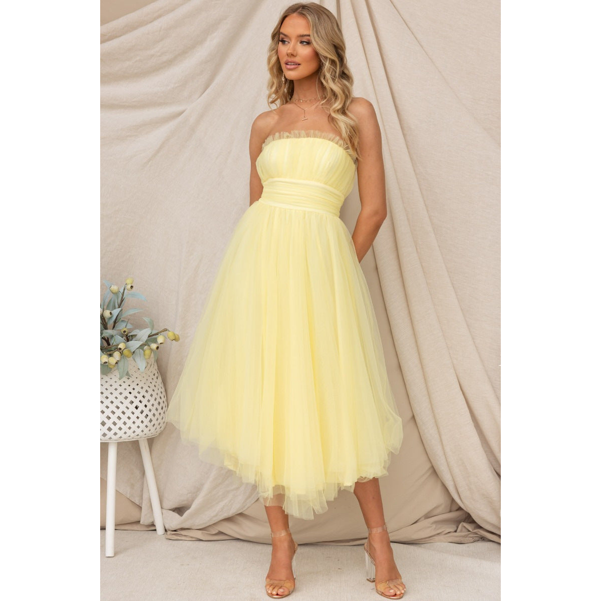 Spring Summer Tube Top Mesh Dress Casual Women Multi Color Party Dress