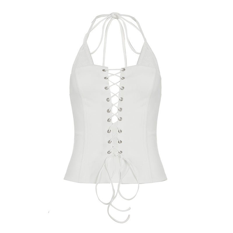 Sexy Women Halter Lace Stitching Faux Two Piece Waist Hollow Out Cutout out Strap Bra Camisole