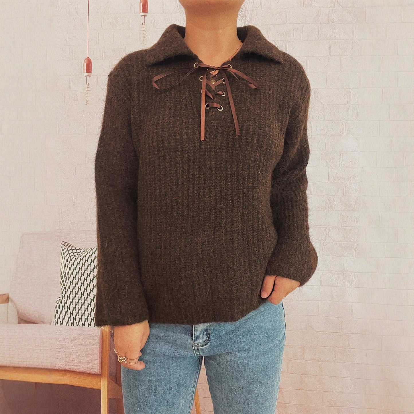 Autumn Winter Simple Office Collared Tied Knitted Pullover Solid Color Loose Sweater