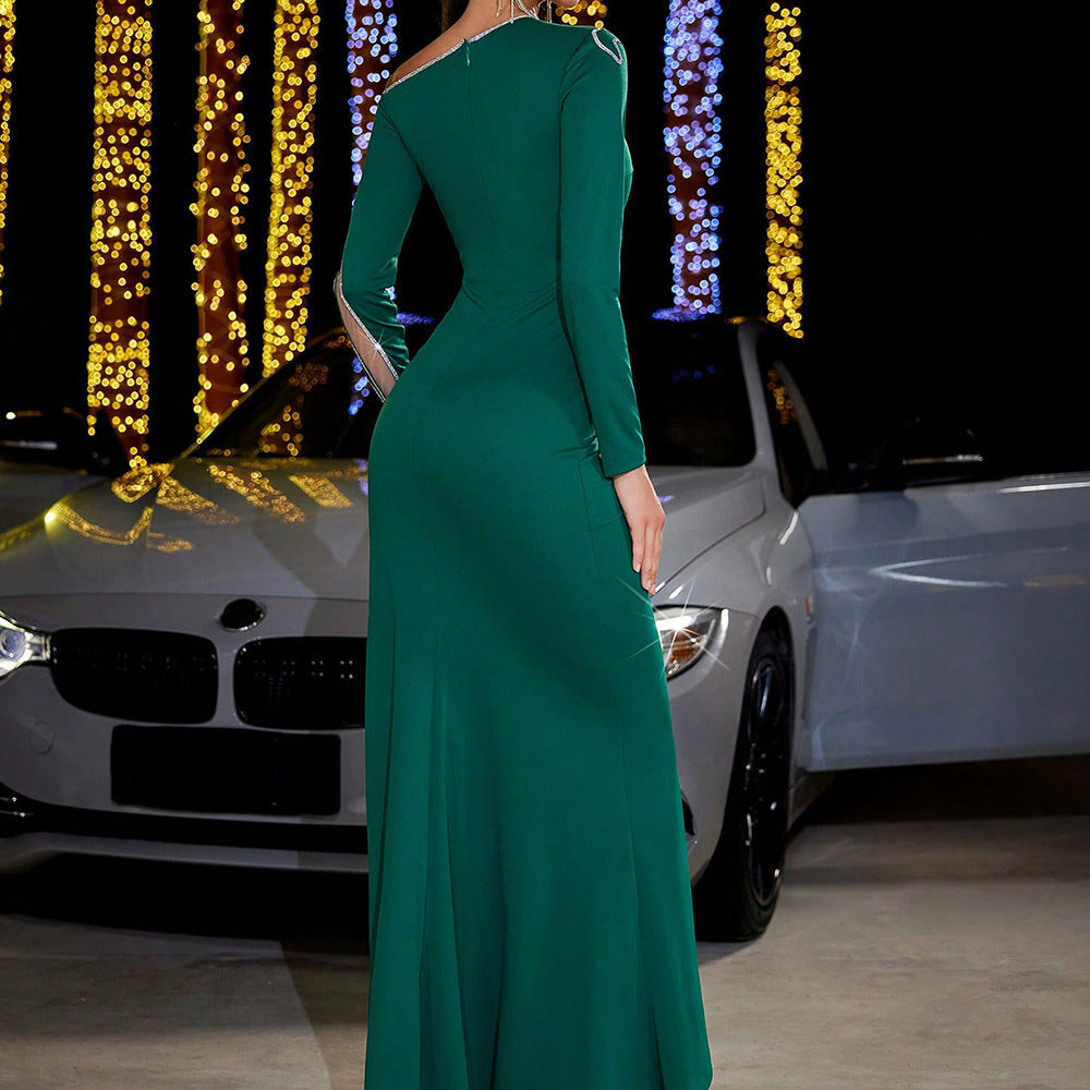 Autumn Winter Dress Sequin Stitching Slim Sheath Party Long Sleeve Evening Dress
