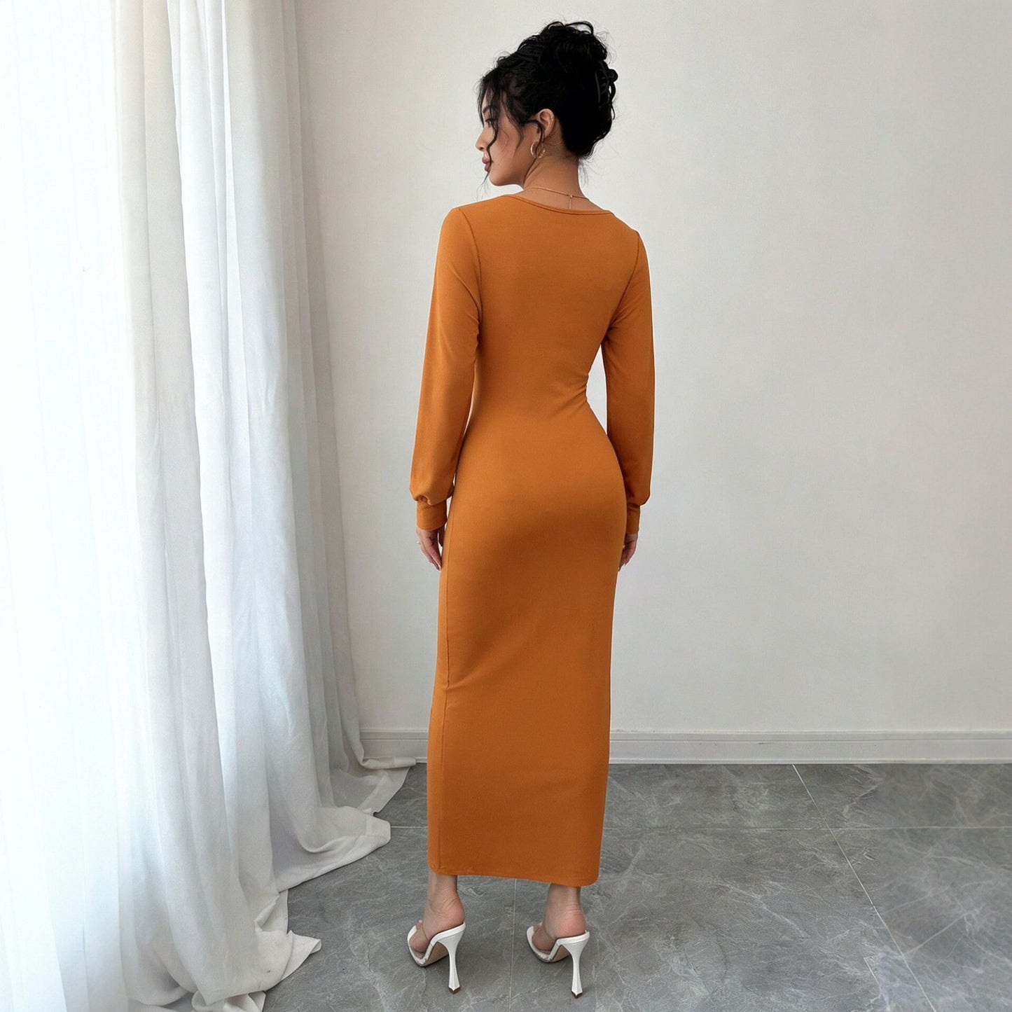 Elegant V Neck Pleating Long Sleeved Dress Waist Cinching Slimming Slit Hip Wrapped Mid Length Dress