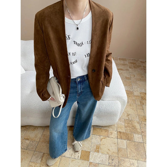 Early Autumn Faux Suede Collarless Office Blazer