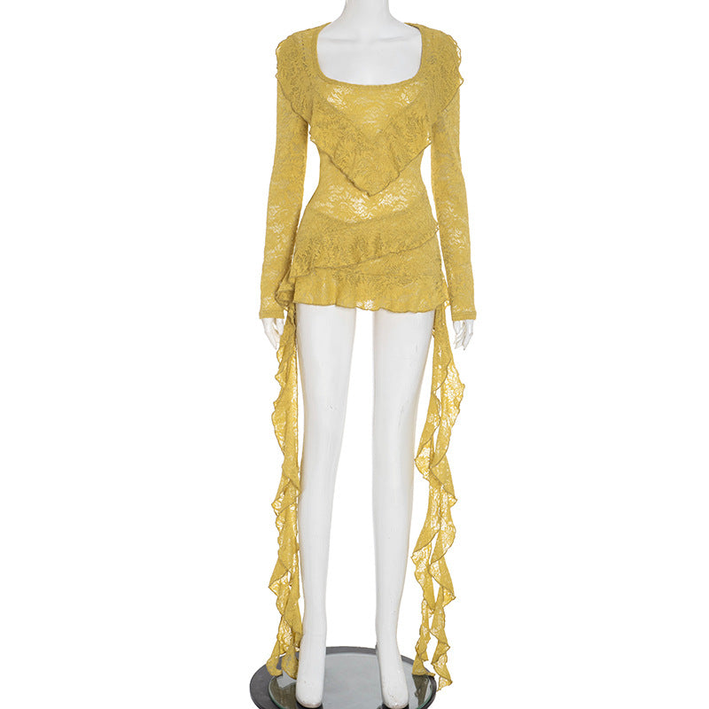 Women Clothing Autumn Solid Color Sexy Ribbon Lace Long Sleeve Short Dress Underwear