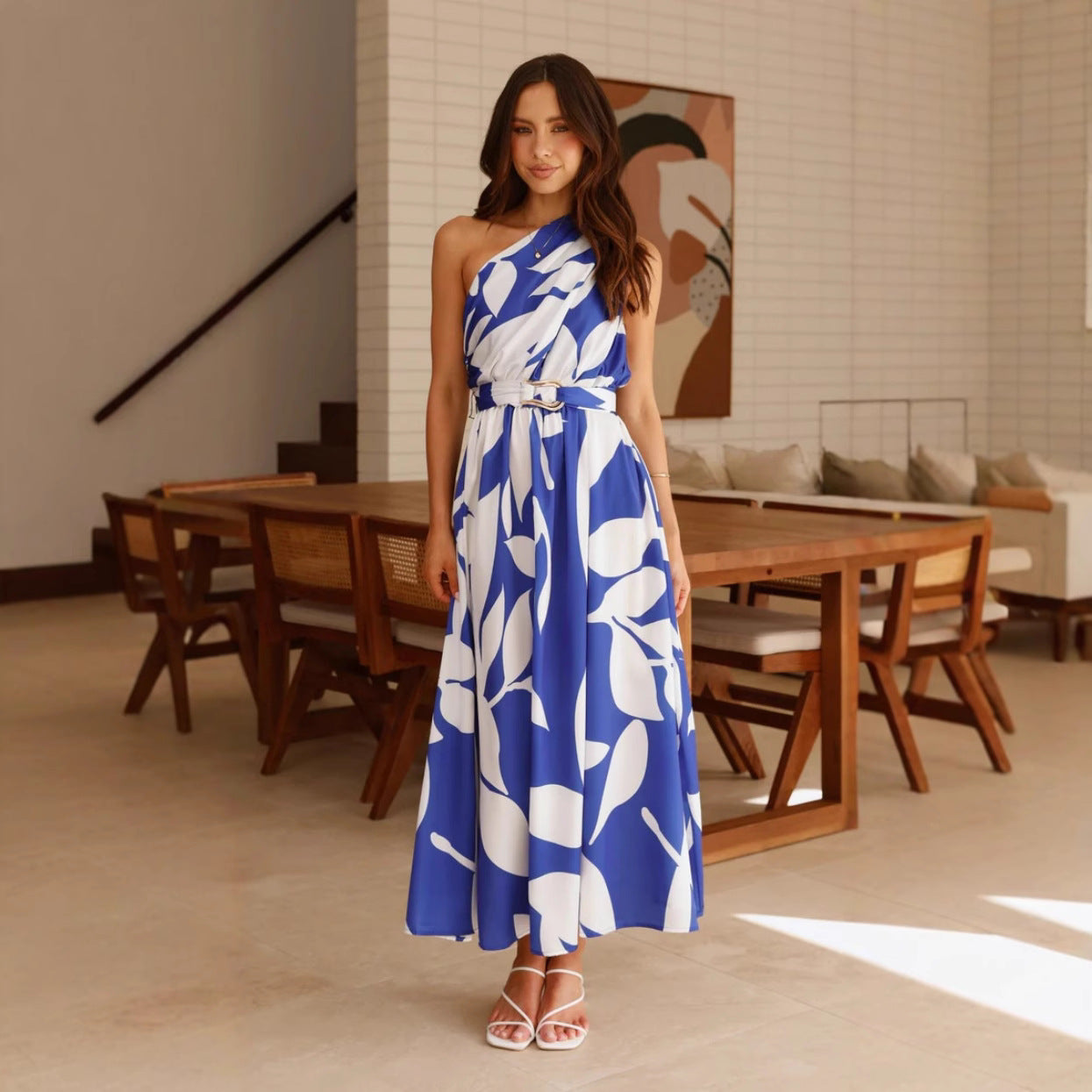 Summer Printed Shoulder Belt Maxi Dress for Women Swing Maxi Dress