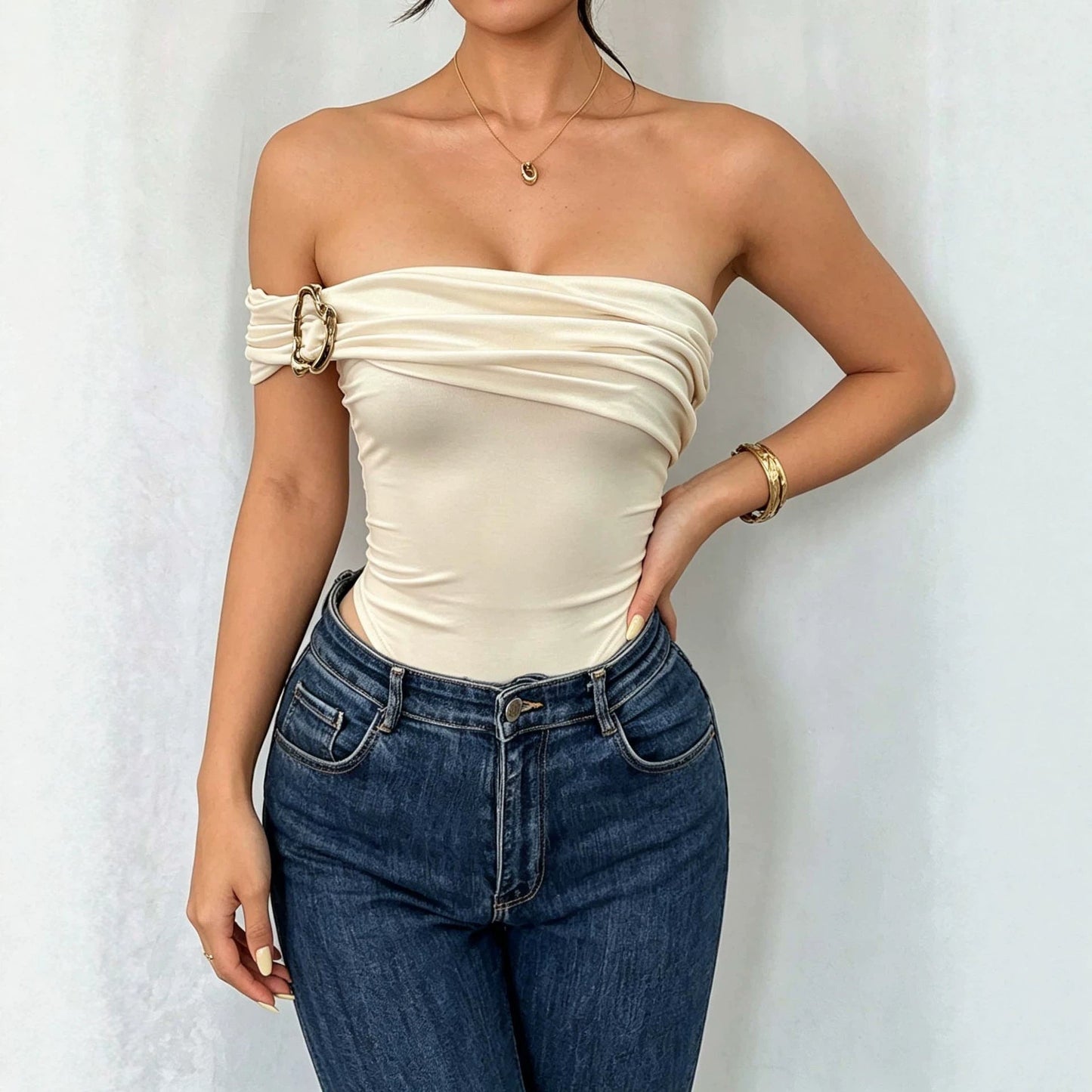 Elegant off Shoulder Jumpsuit Pleated Metal Buckle Waist Tight Figure Flattering Jumpsuit