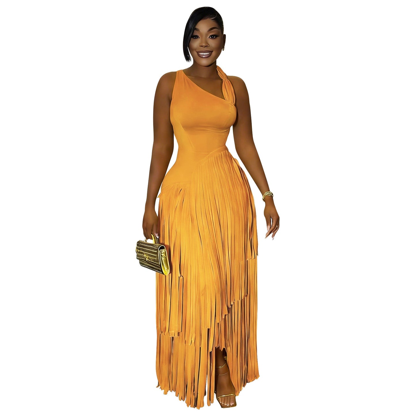 Women Clothing Solid Color Tassel Dress Elegant Slim Dress