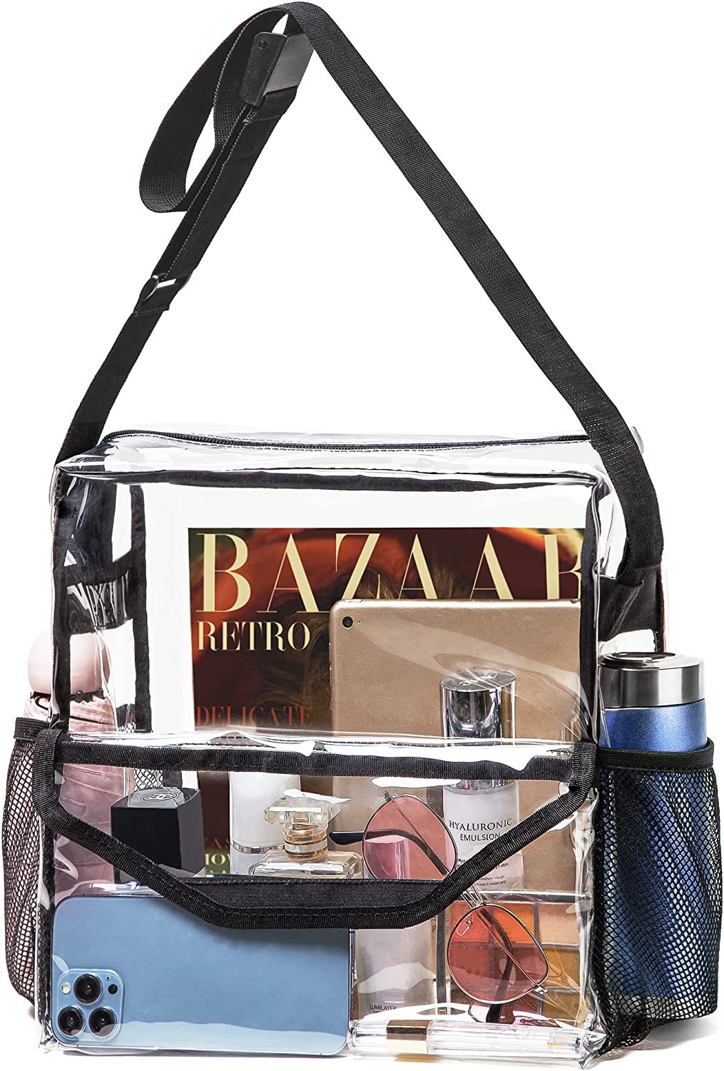 PVC transparent messenger bag, adjustable for travel sports events music venue, transparent shoulder bag large with compartments hobo