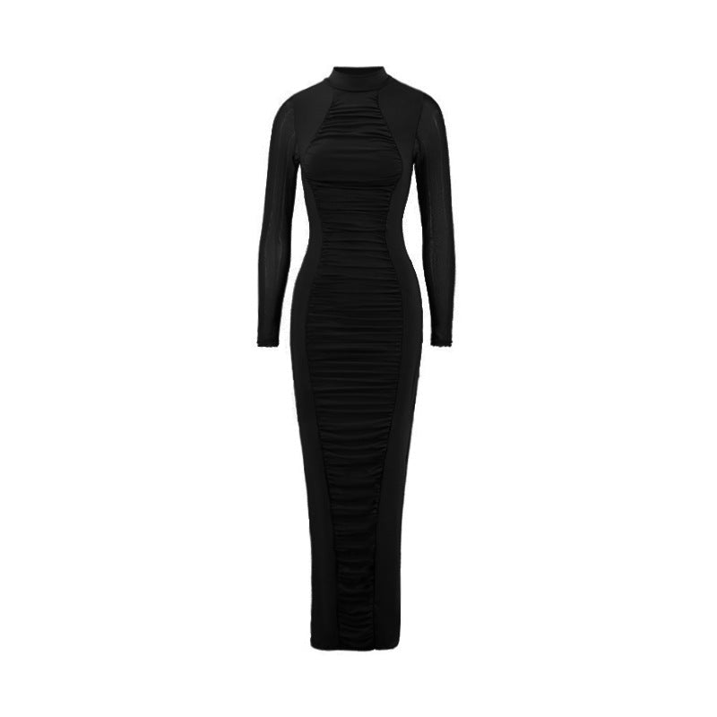 Autumn Elegant Socialite Private Clothes Pleated Turtleneck Long Sleeve Waist Tight Hip Slim Fit Dress