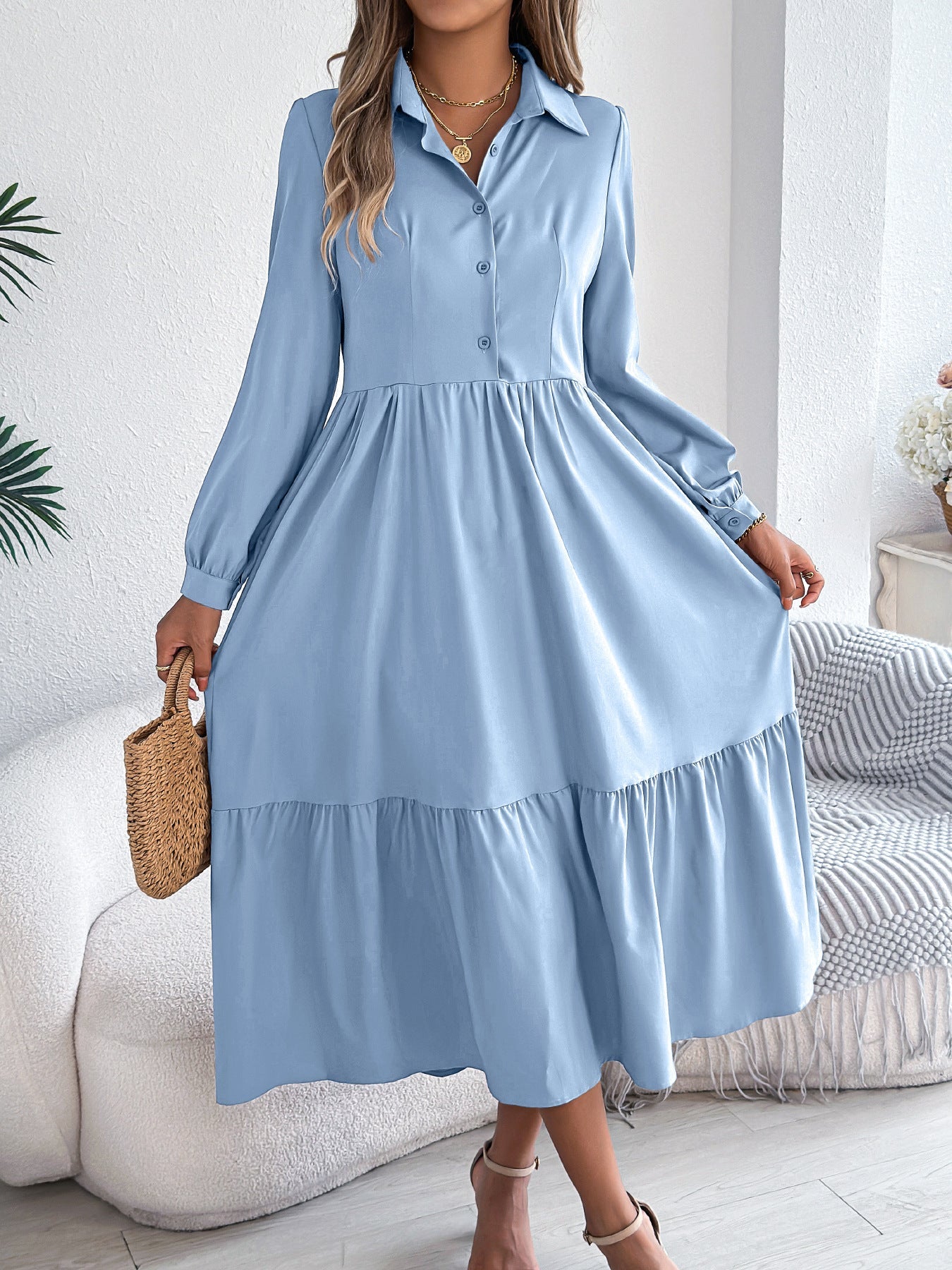 Autumn Winter Collared Casual Loose Long Sleeve Ruffled Shirt Dress Women Clothing