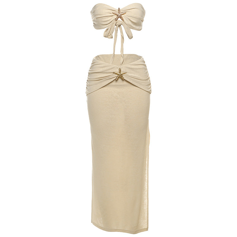 Spring Summer Sexy Lace up Tube Top Vest Slim Side Slit Skirt Two Piece Set