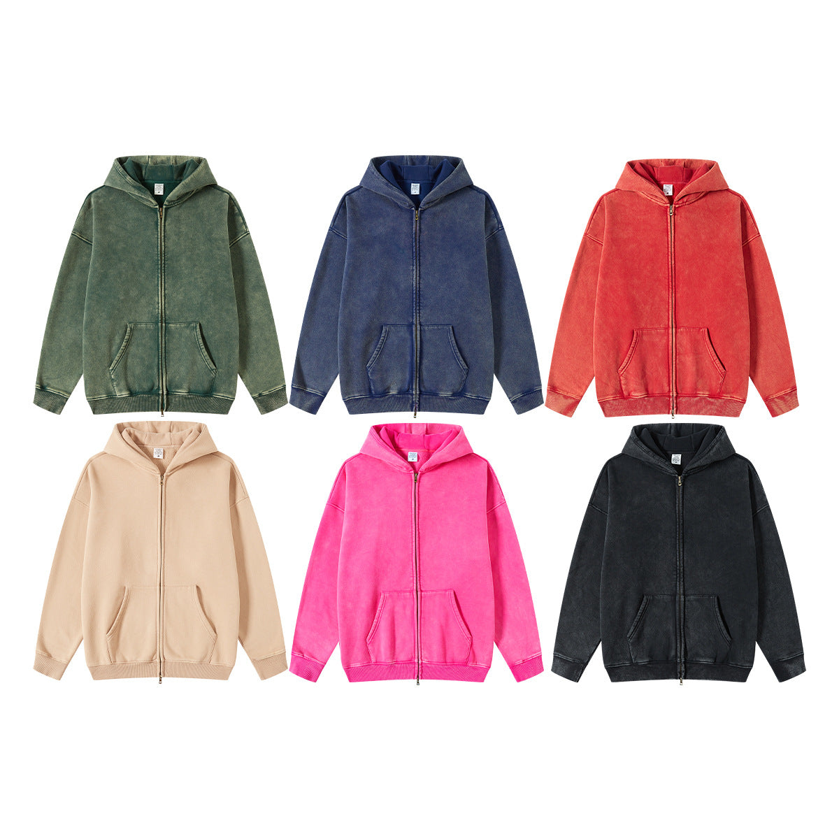 Autumn Winter Brand Washed Sweatshirt Hooded Cardigan Vintage Fleece-Lined Red Sweatshirt