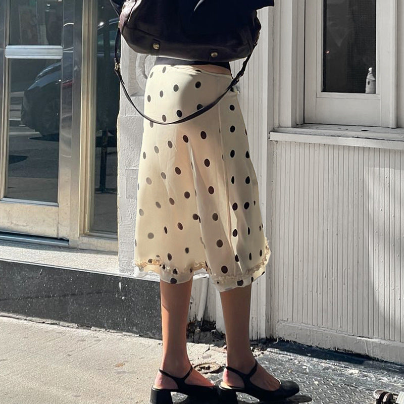 Retro Dots Wooden Ear Street Contrast Color Low Waist All Match Swing Midi Skirt