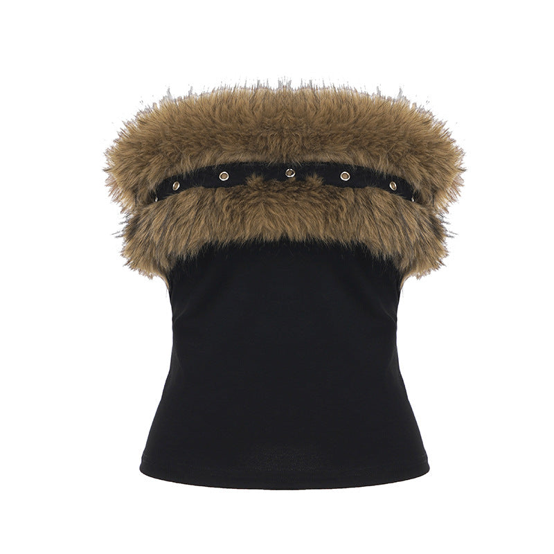 Street Sexy Furry Stitching Tube Top Women Corns Trendy Short Top