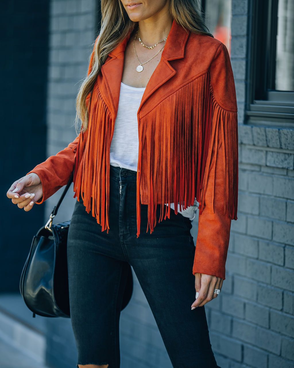 Women Clothing Autumn Slim Top Long Sleeve Printed Tassel Coat Women