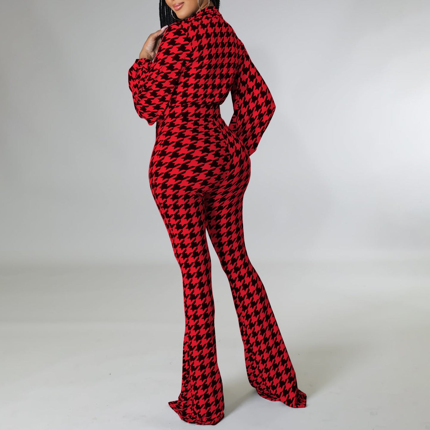 Women Clothing Autumn Winter V Neck Puff Sleeve Waist Trimming Printing Wide Leg African Jumpsuit