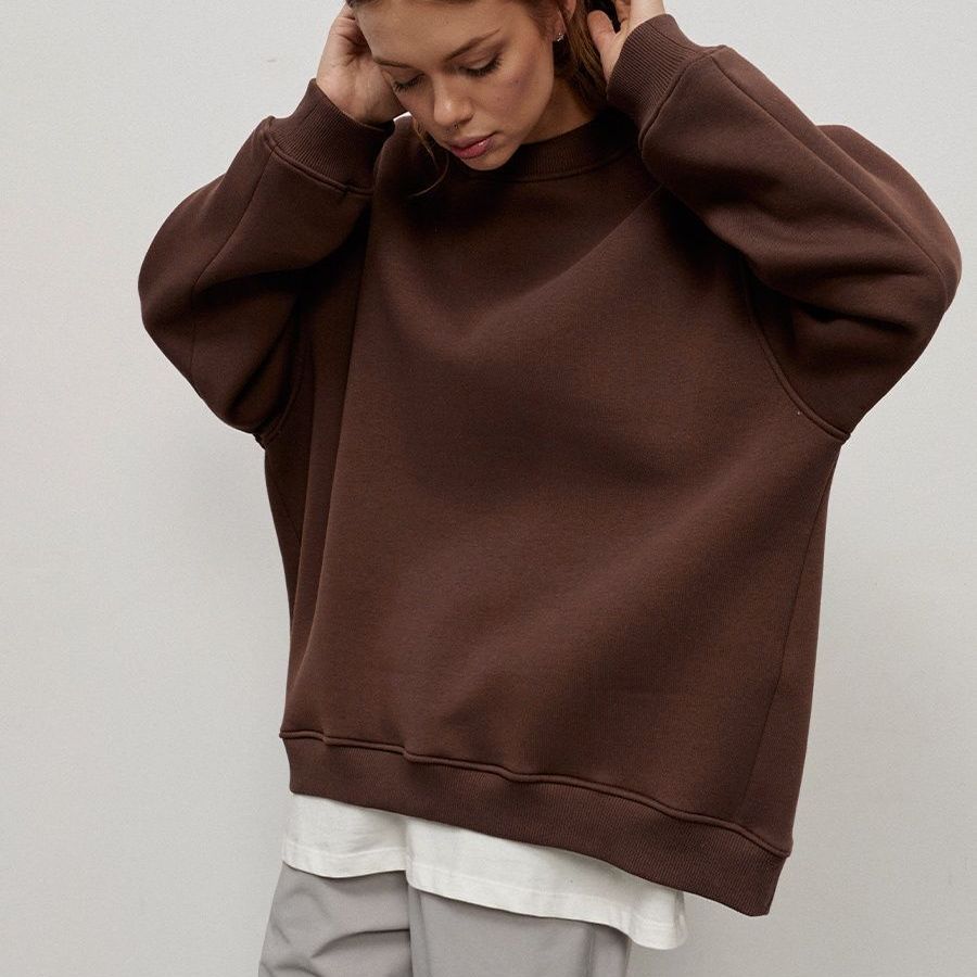 Round Neck Loose Sweatshirt Women Autumn Winter Street Solid Color Polar Fleece Pullover Sweatshirt