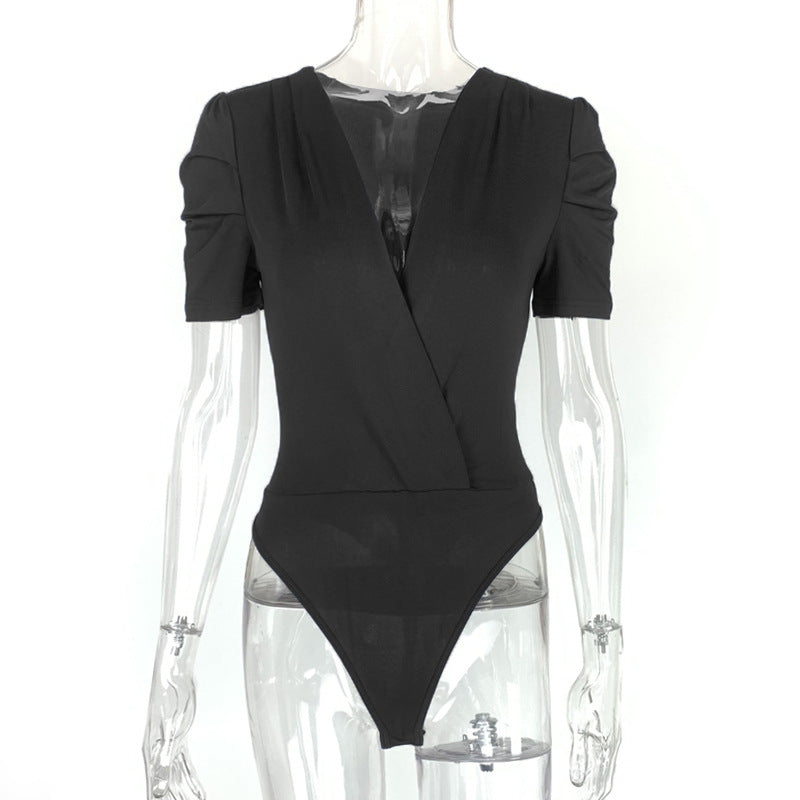 Autumn Bottoming T shirt Women Clothing Elegant Sexy Deep V Plunge Short Sleeve Pleated Stitching Jumpsuit