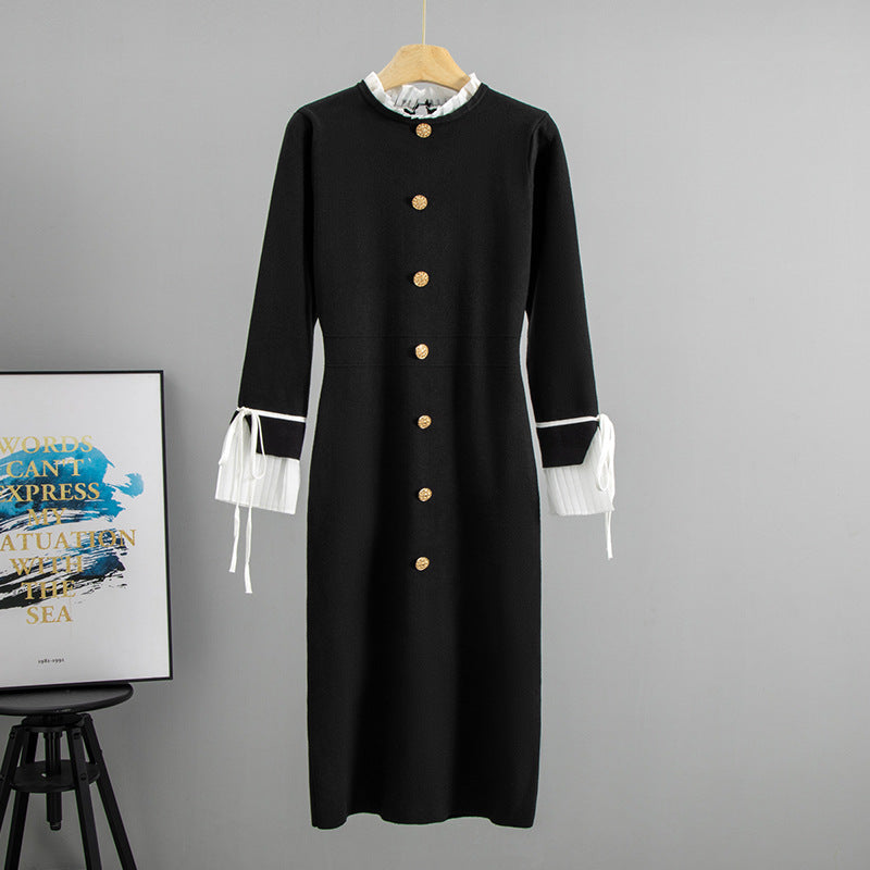 Autumn Hepburn Graceful Stand Collar Long Sleeve Chiffon Patchwork Dress Slim Fit Slimming Knitted Midi Dress