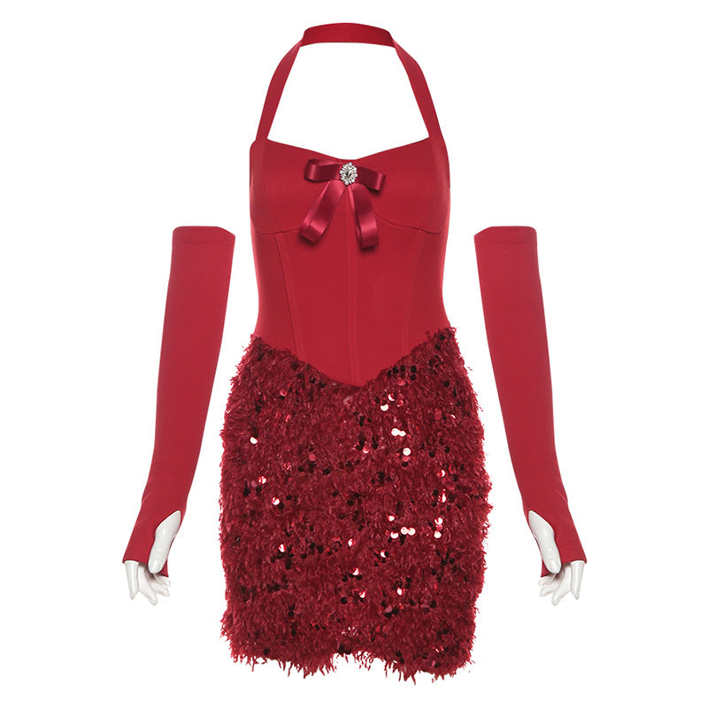 Autumn Winter Sexy Backless Halter Bow Solid Color Sequ Hip Christmas Clothes Women
