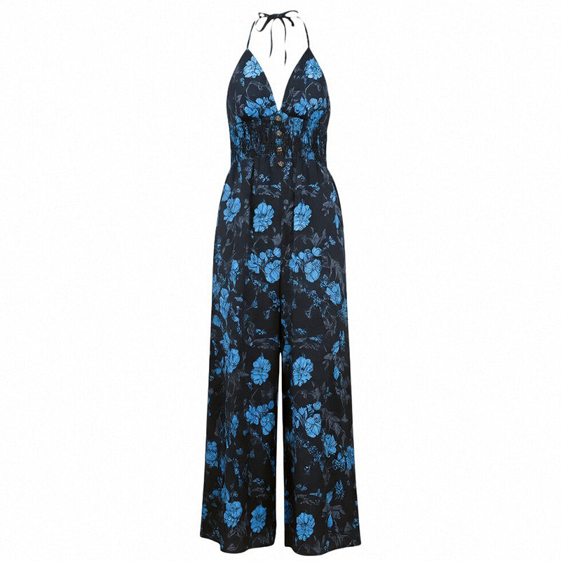 Bohemian Halter Jumpsuit Women Summer Printed High Waist Wide Leg Pants Seaside Vacation Jumpsuit