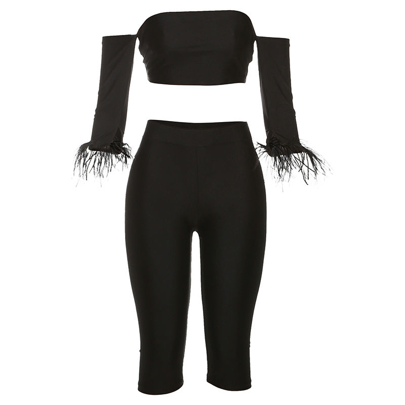 Spring Women Sexy off Shoulder Tube Top Slim Sheath Fifth Pants Set