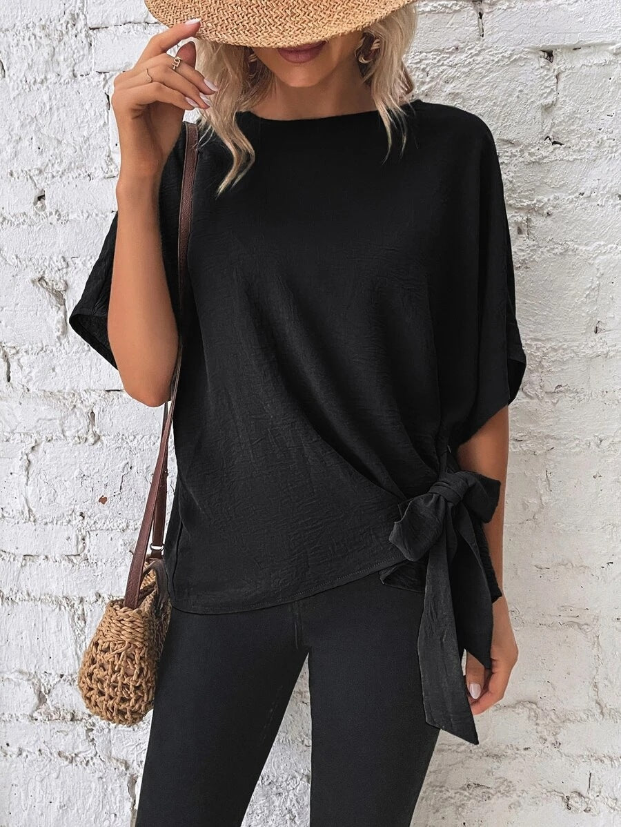 Women Clothing Summer Solid Color Batwing Sleeve Knotted Loose T Top