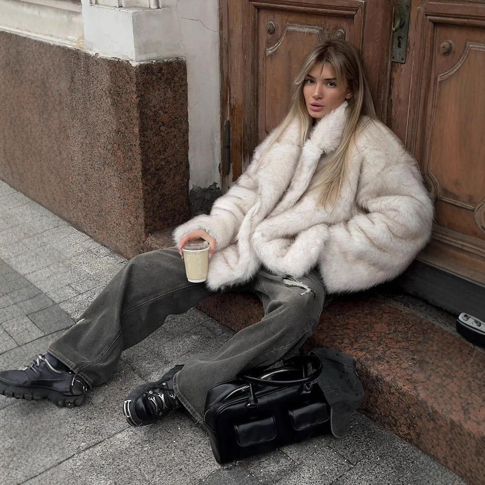 Faux Fur Coat Collared Fashionable Warm Women Clothing Autumn Winter Faux Fur Coat