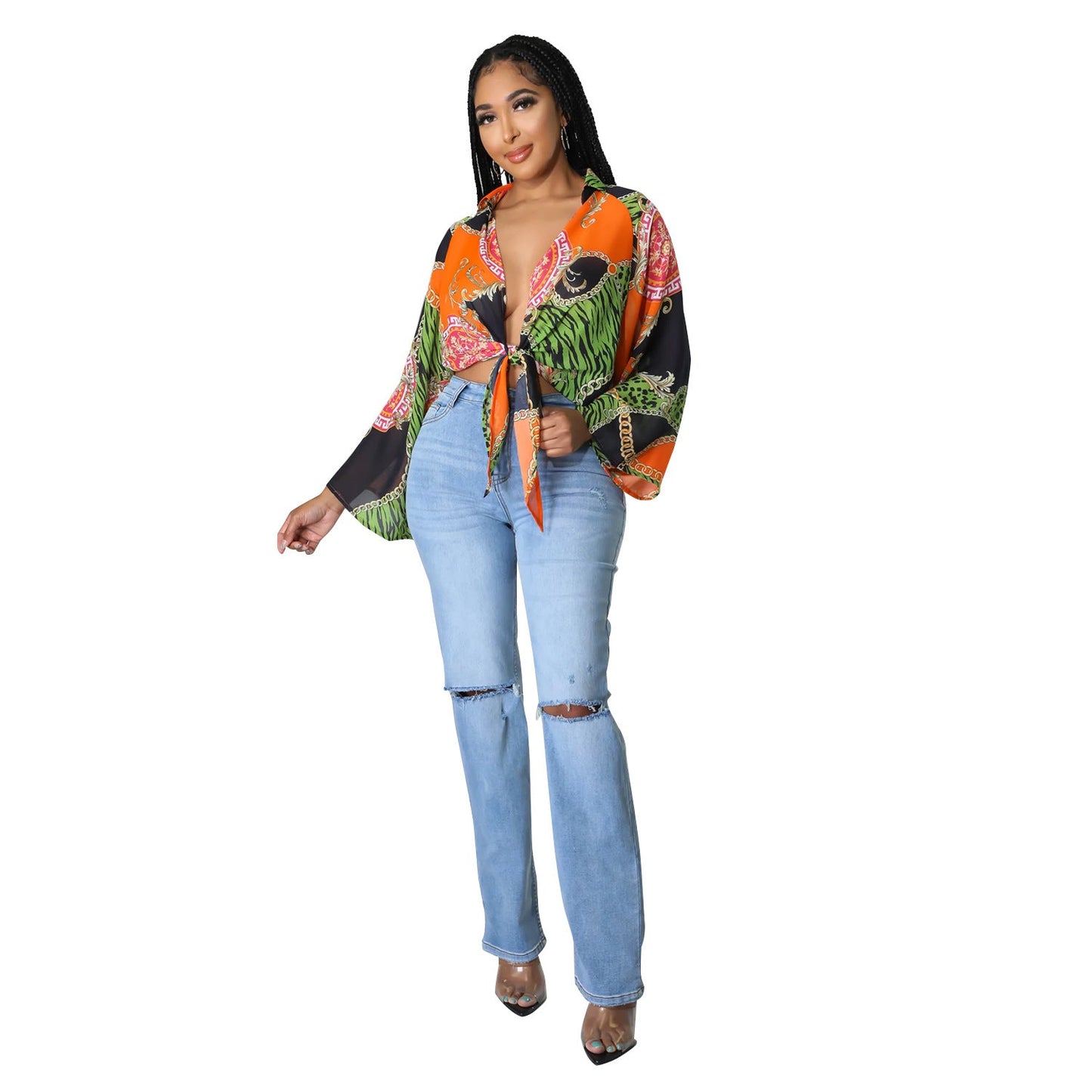 Summer Women Clothing What Printed Long Sleeve Flared Sleeves Short Top