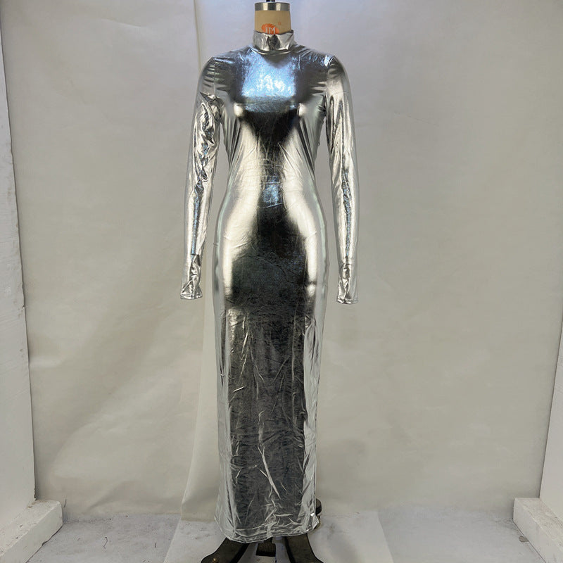 Autumn Winter Metallic Sexy Backless Skinny Slimming Slim Dress Women Metallic Coated Fabric Dress
