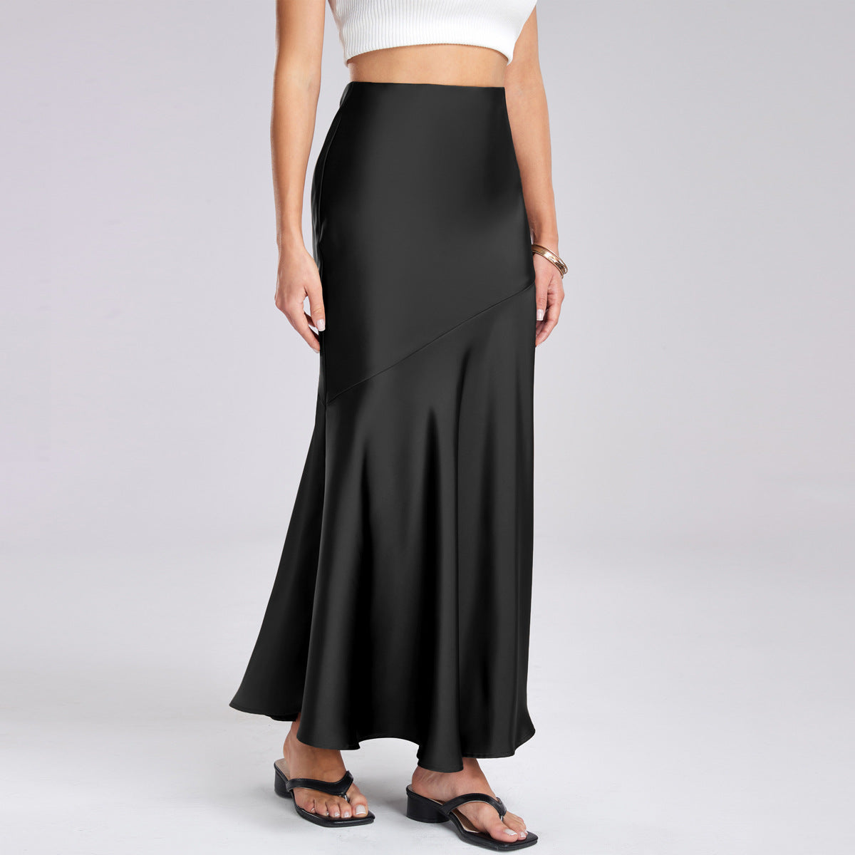 Women Acetate Satin Skirt High Waist Elastic Patchwork Maxi Dress Slim Slimming Sheath Dress