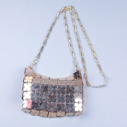Hand Woven Gold Silver Color Square Sequ Large Future Sense Trendy Crossbody Chain Bag