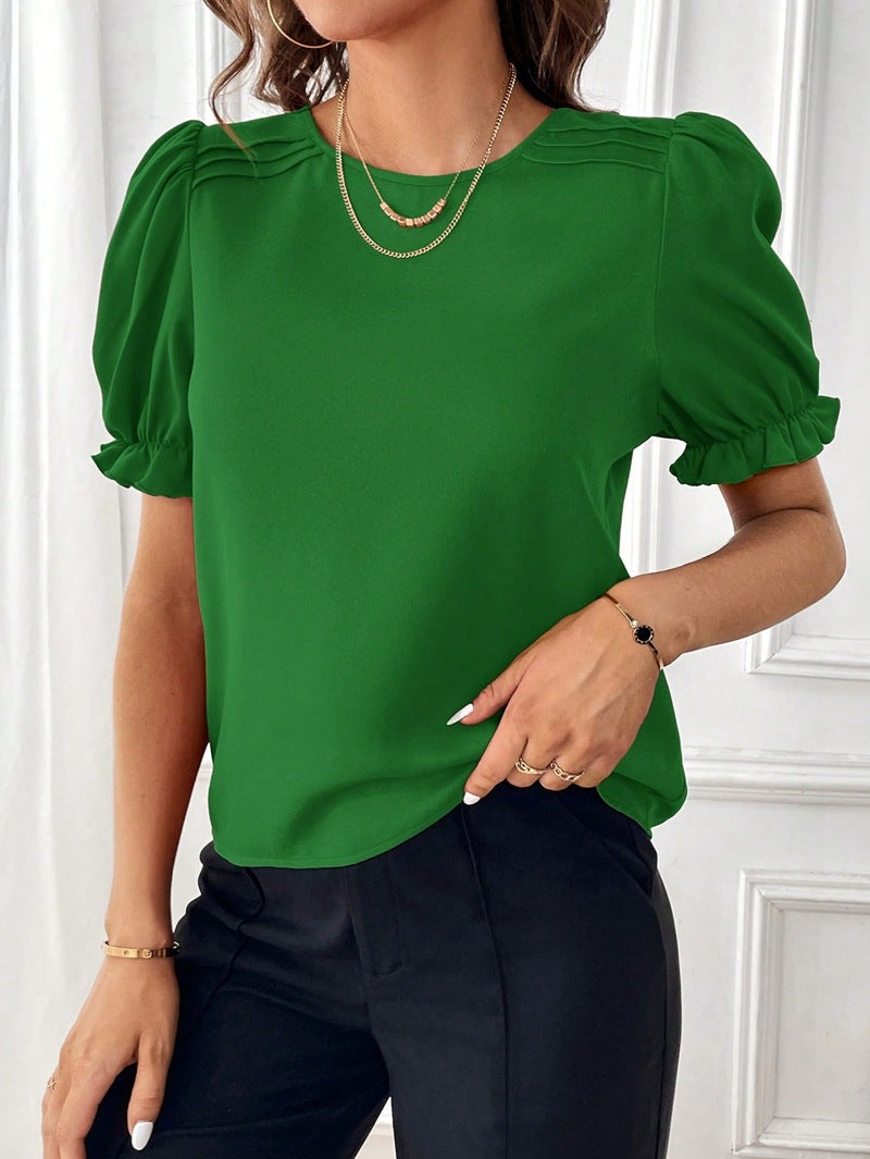 Shopping Women Clothing Summer Solid Color Round Neck Shirt Top