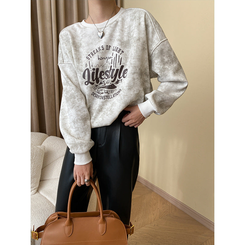 Mottled Tone Casual Letter Graphic Printed Casual round Neck Loose Shoulder Sweatshirt