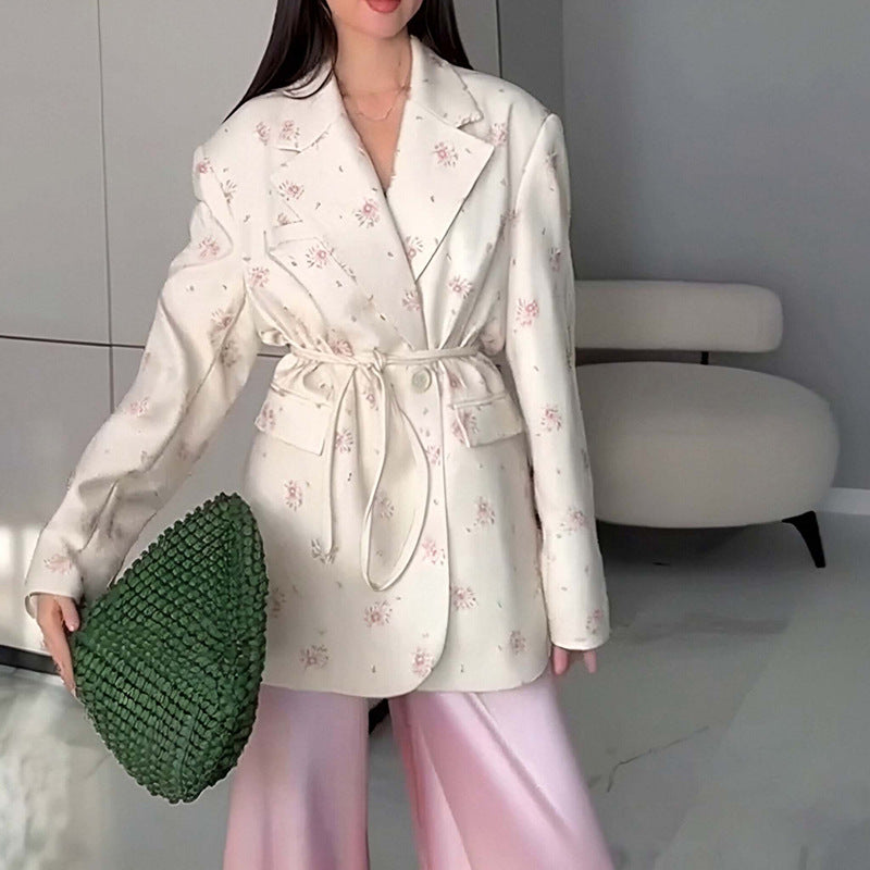 Women Clothing Spring Autumn Printed Loose Collar Lace up Waist Tight Blazer