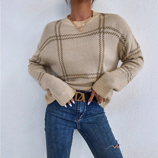 Autumn Winter All Matching Warm round Neck Sweater Women Plaid Drop Shoulder Pullover Sweater
