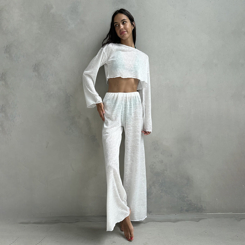 Autumn White Knitted Fabric round Neck Long Sleeved Trousers Pajamas Two Piece Loose Comfortable Ladies Homewear