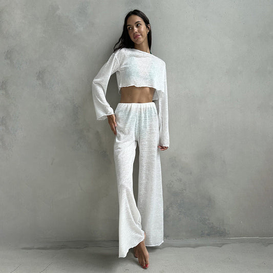 Autumn White Knitted Fabric round Neck Long Sleeved Trousers Pajamas Two Piece Loose Comfortable Ladies Homewear