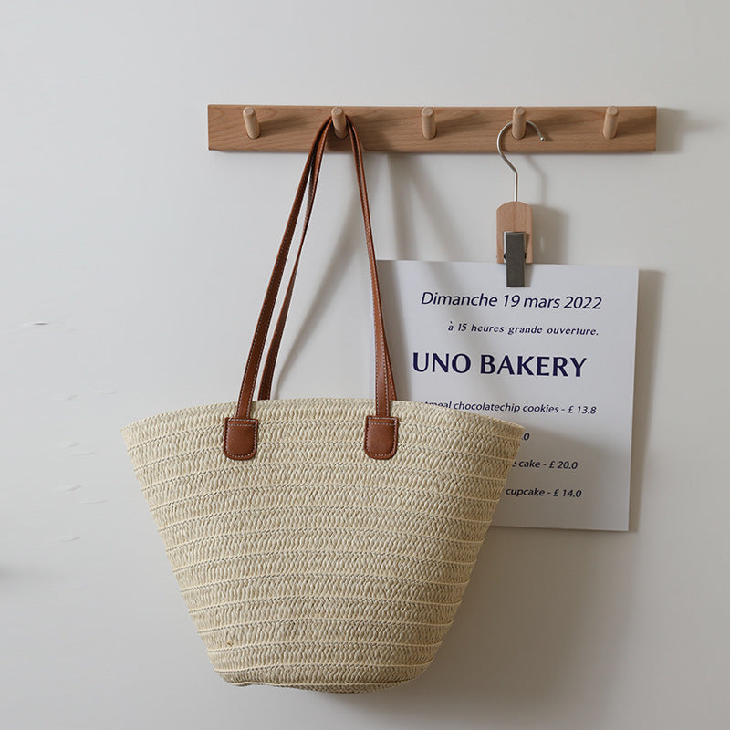 Simple Shoulder Straw Bag Large Capacity Straw Bag Woven Bag Tote Bag Women Seaside Vacation Beach Bag