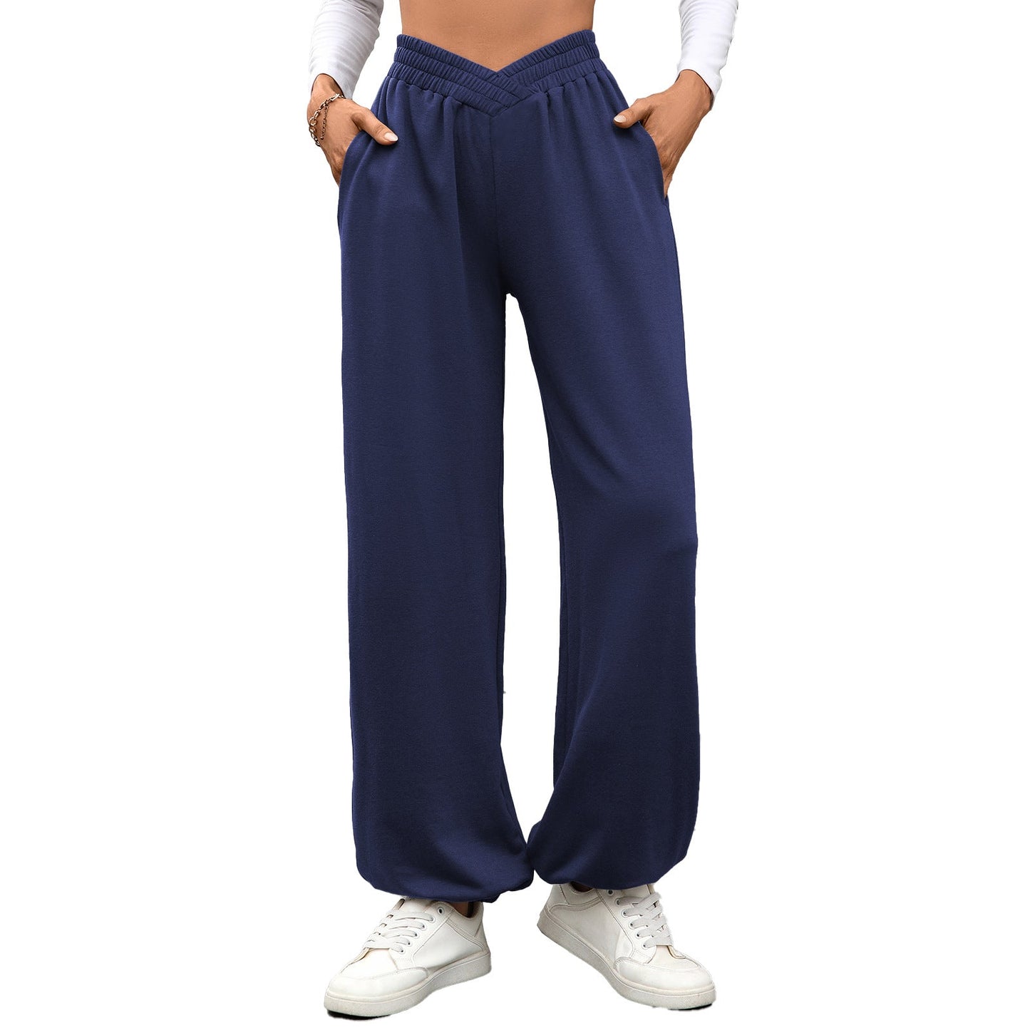 Autumn Winter Elastic Waist with Pocket Ankle Tied Loose Casual Women Pants