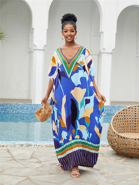 Printed Beach Blouse Loose Robe Vacation Sun Protection Shirt Beach Cover Up