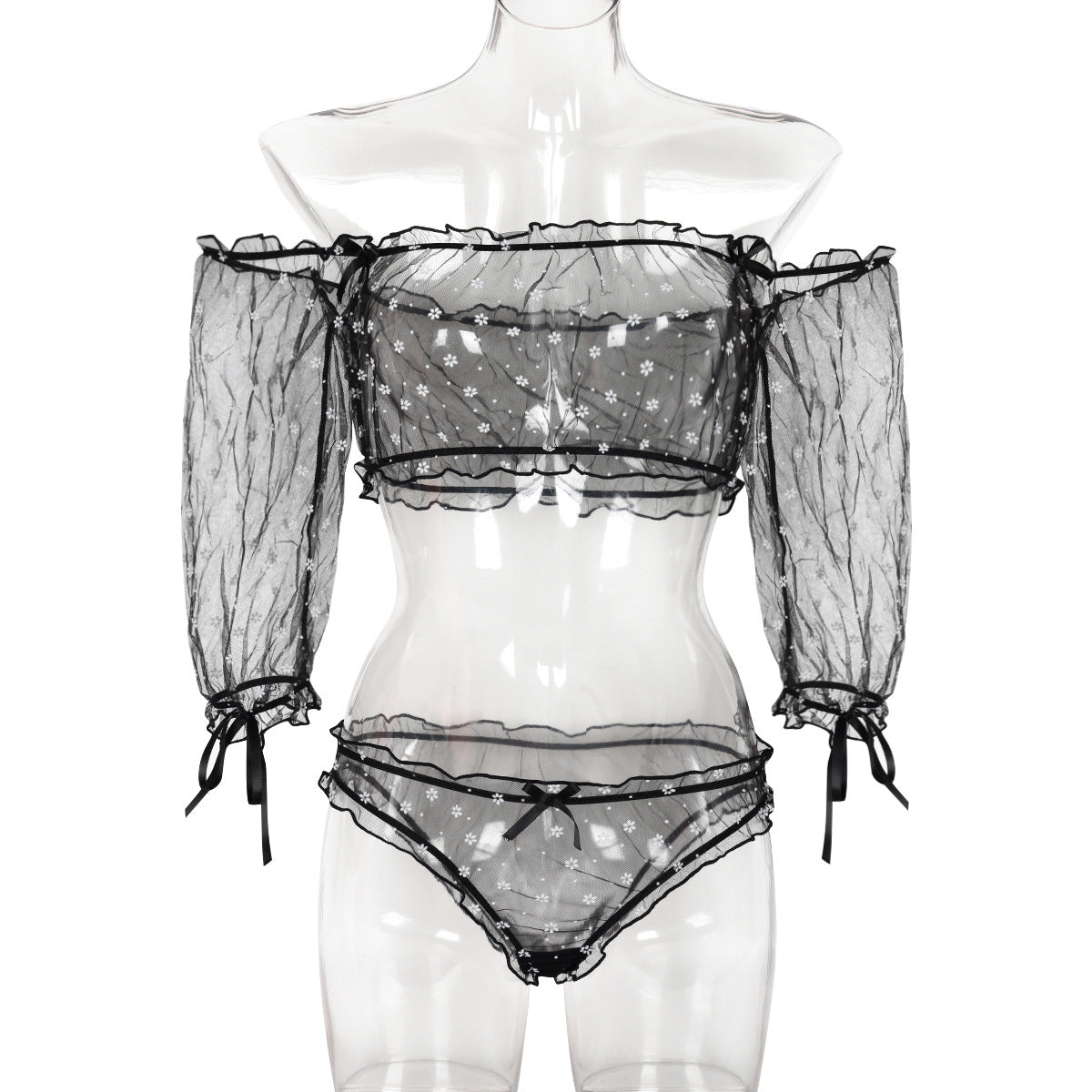 Sexy Underwear Two Piece Wooden Ear See through Bow Collar Half Sleeve Set