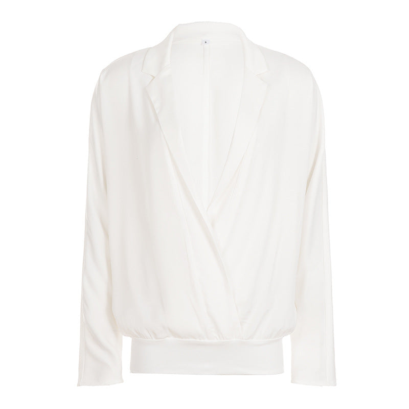 Elegant Women Wear Deep V Plunge Cross Solid Color Drape Basic Long Sleeve Shirt