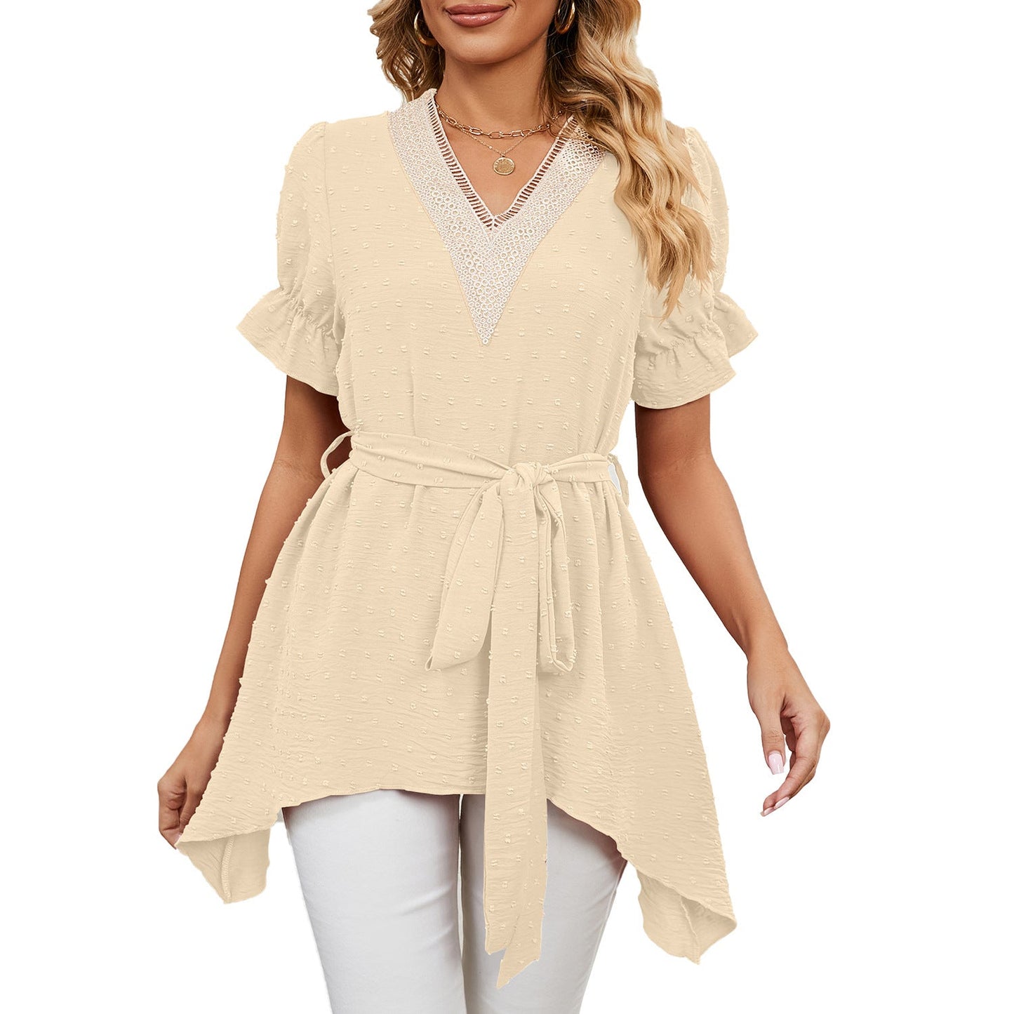 Spring Summer Solid Color Jacquard V Neck Loose Lace Up Chiffon Blouses Women