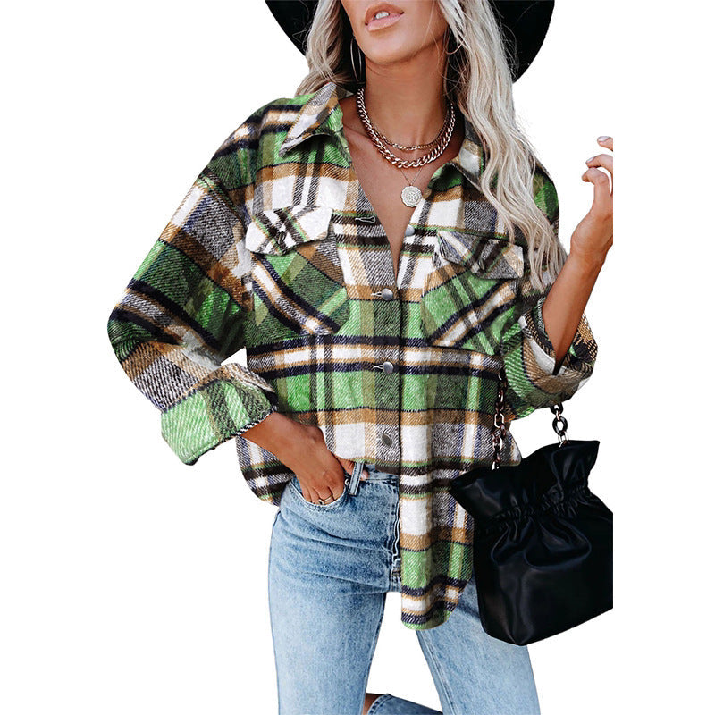 Autumn Long Sleeve Large Pocket Loose Women Plaid Shacket Mid Length Coat